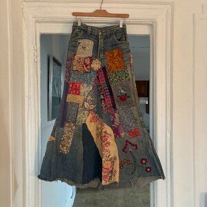 1970s Vintage Patchwork Denim Maxi Skirt